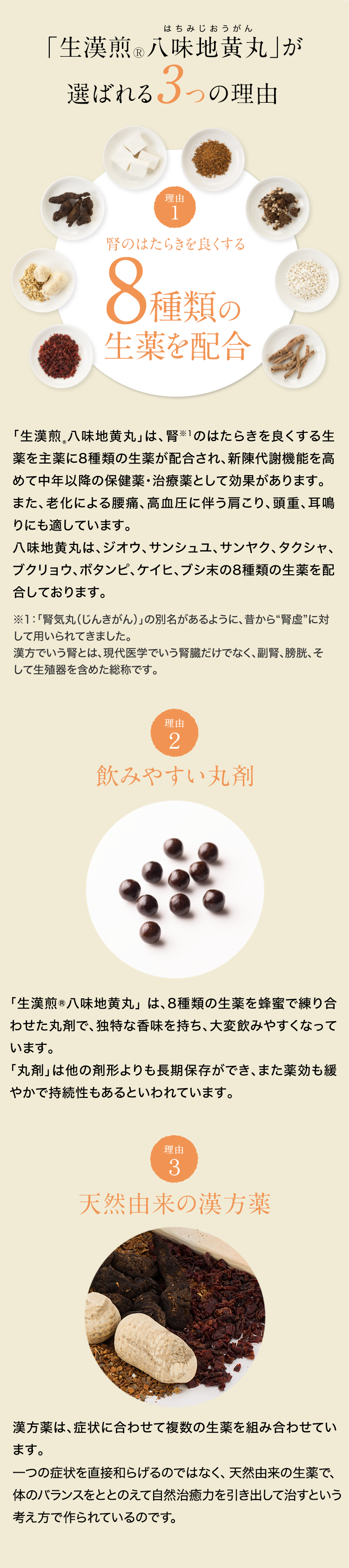 生漢煎(R)　八味地黄丸が選ばれる３つの理由　理由1：腎のはたらきを良くする8種類の生薬を配合　理由2：飲みやすい丸剤　理由3：天然由来の漢方薬