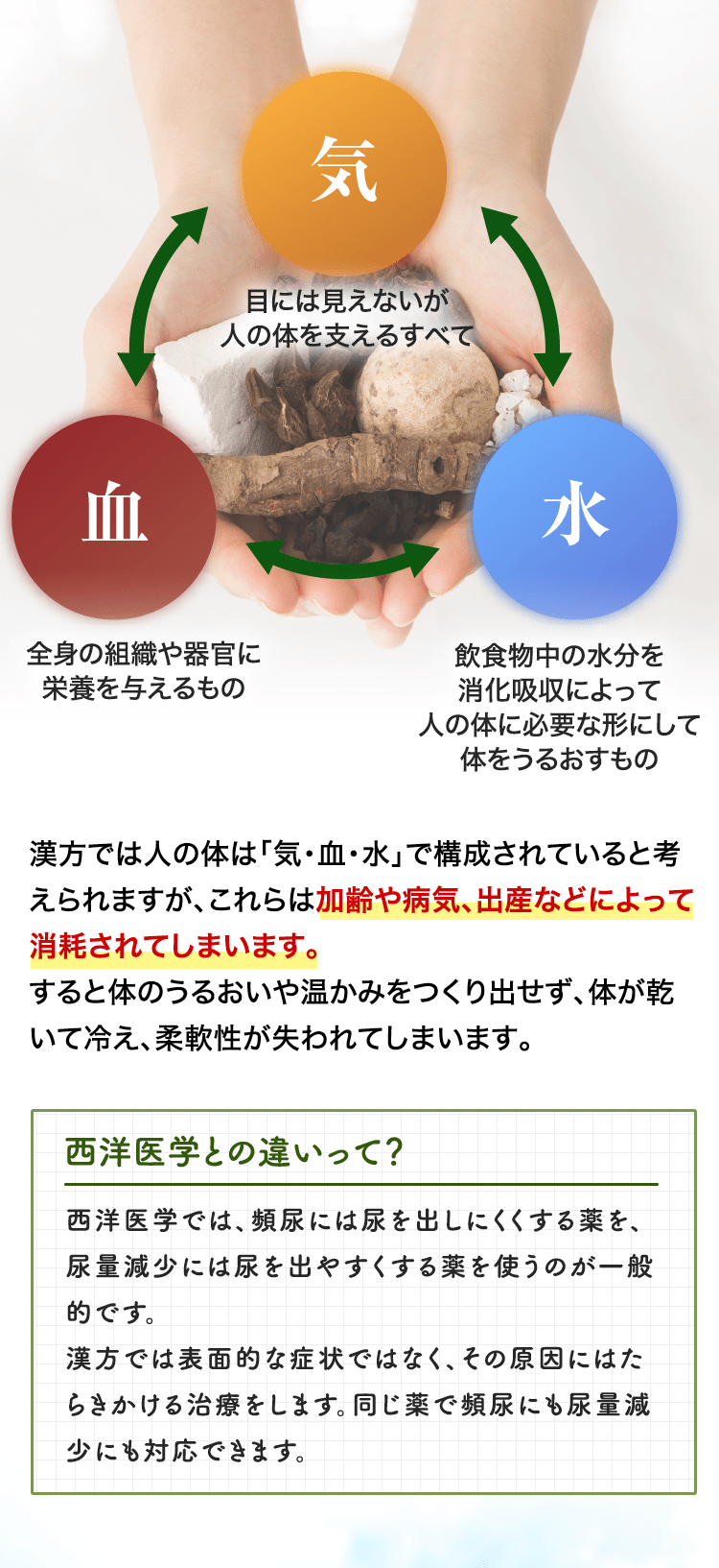 漢方では人の体は「気・血・水」で構成されていると考えられますが、これらは加齢や病気、出産などによって消耗されてしまいます。すると体の潤いや温かみをつくり出せず、体が乾いて冷え、柔軟性が失われてしまいます。