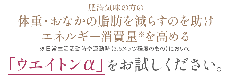 肥満気味の方の体重・おなかの脂肪を減らすのを助け、エネルギー消費量※を高める「ウエイトンアルファ」をお試しください。（日常生活活動時や運動時（3.5メッツ程度のもの）において）