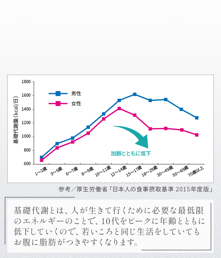 基礎代謝とは、人が生きて行くために必要な最低限のエネEルギーのことで、10代をピークに年齢とともに低下していくので、若いころと同じ生活をしていてもお腹に脂肪がつきやすくなります。