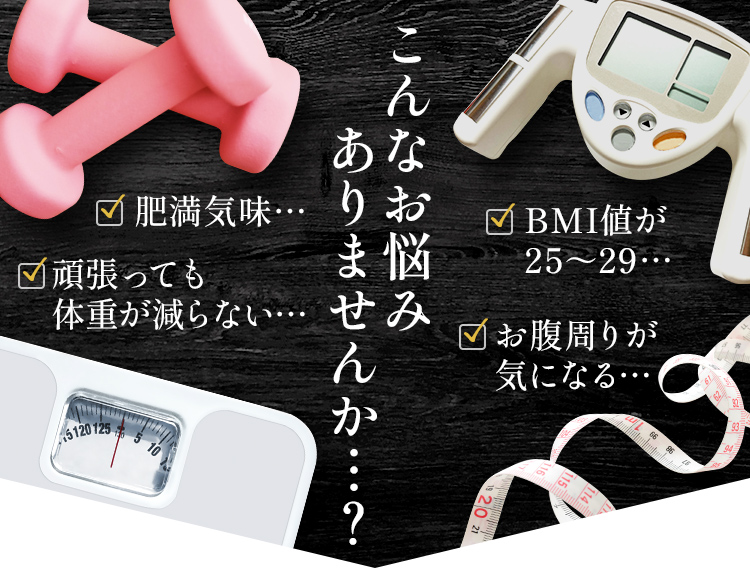 こんなお悩みありませんか…？ ・肥満気味 ・BMI値が25～29 ・頑張っても体重が減らない ・お腹周りが気になる